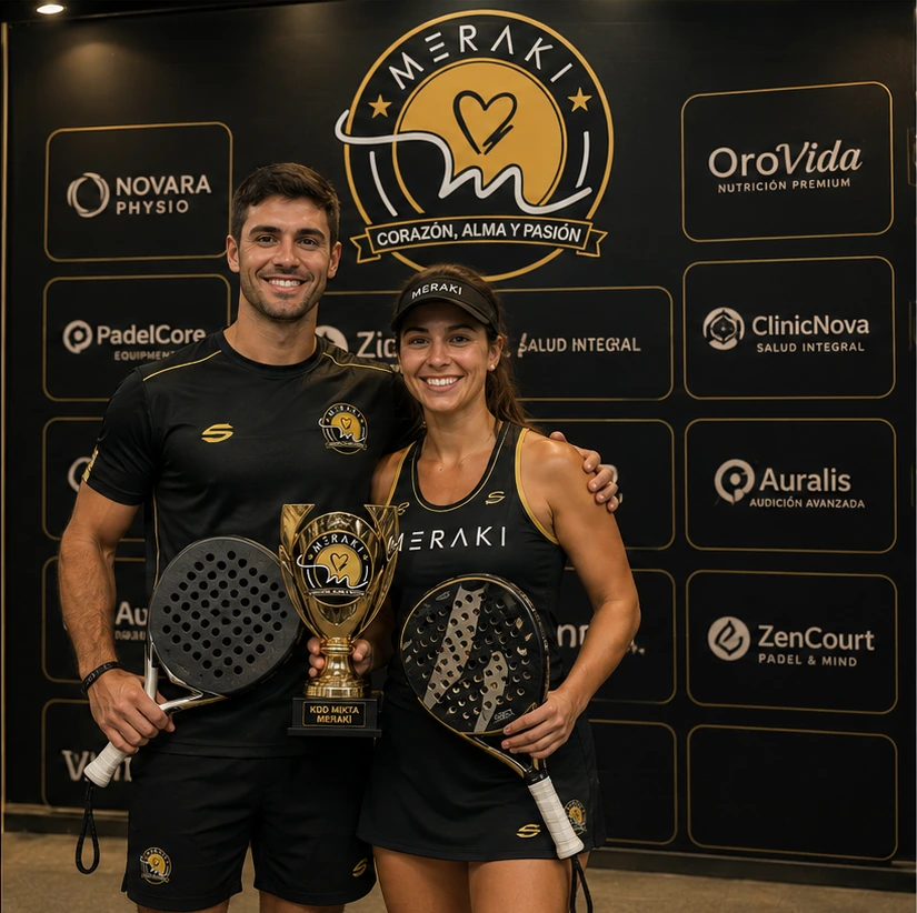 Photocall Meraki Pádel con pareja de jugadores posando ante marcas patrocinadoras