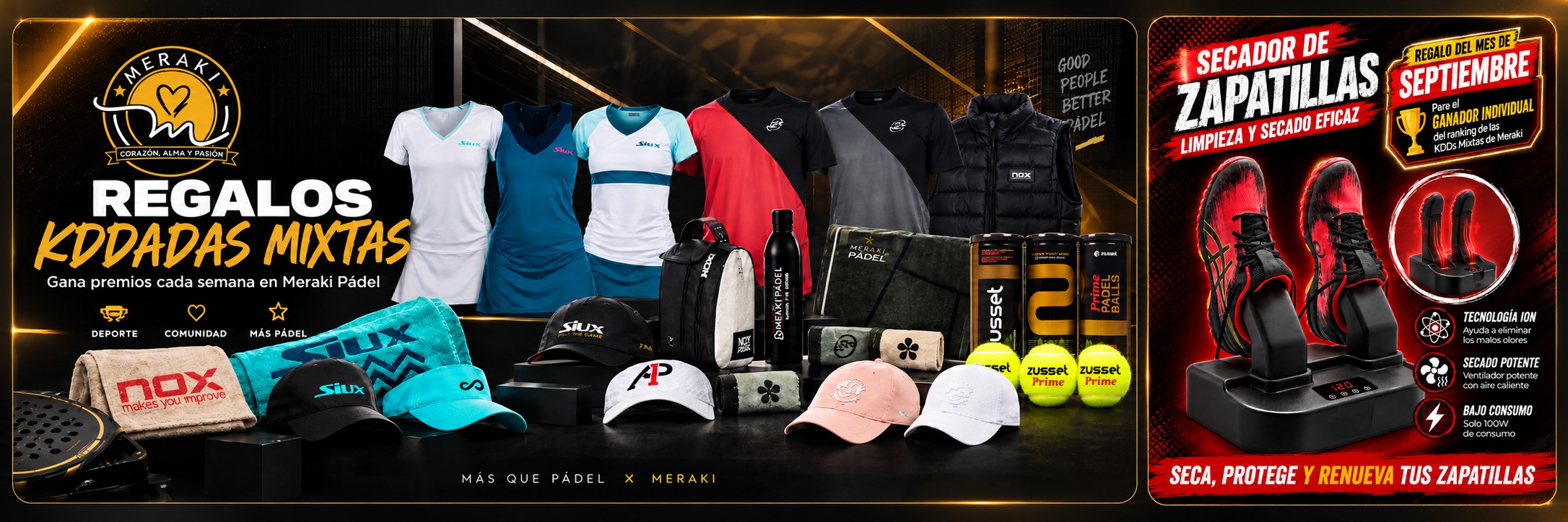 Regalos de las Kdadas Mixtas Meraki: ropa, material y accesorios de pádel